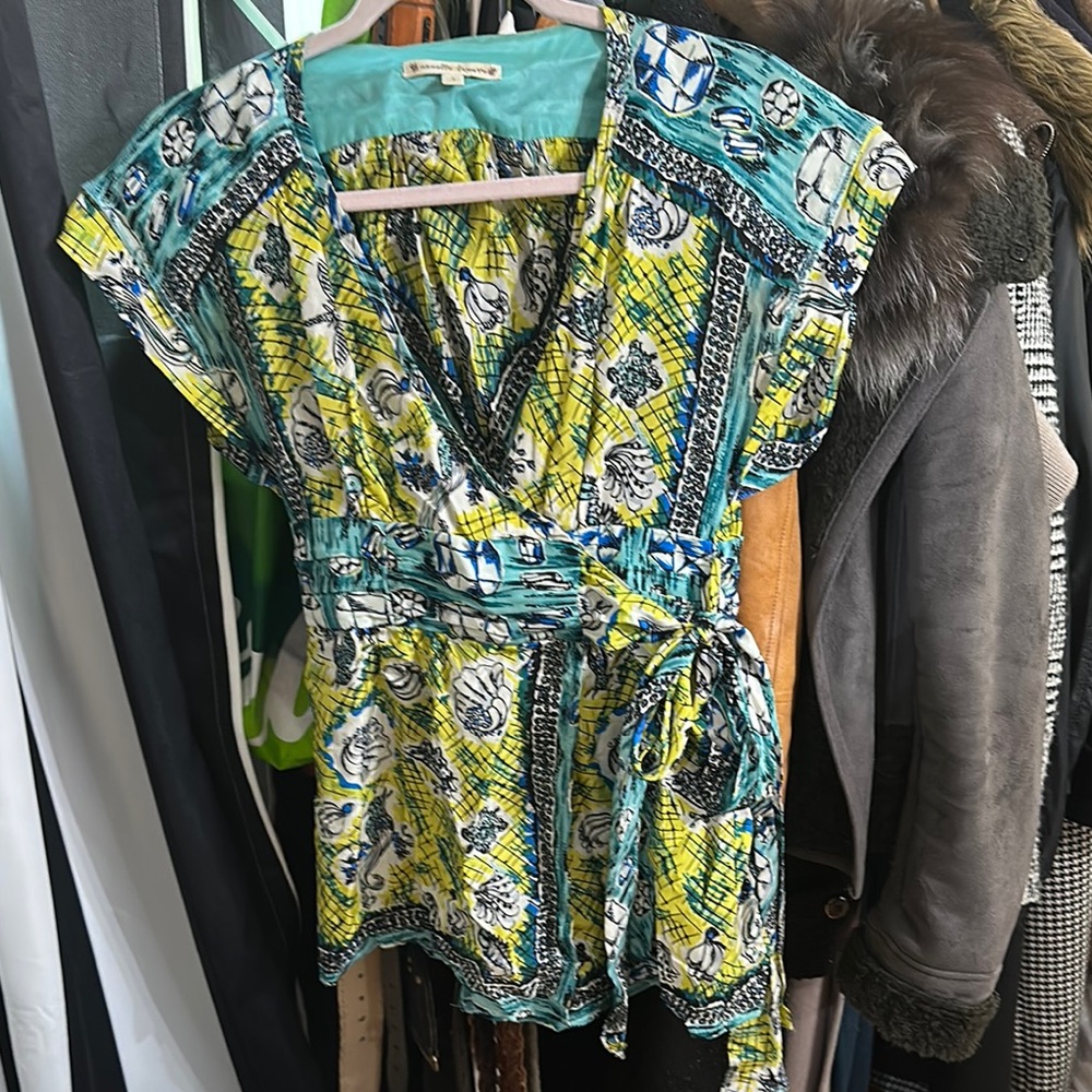 Nanette Lepore Blue Cap Sleeve Wrap Blouse
